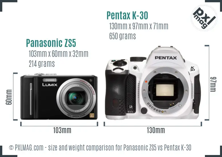 Panasonic ZS5 vs Pentax K-30 size comparison