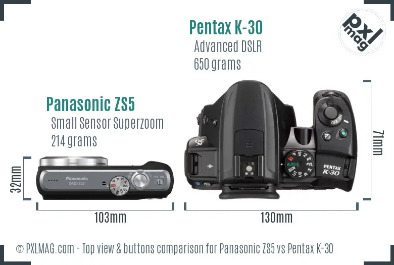 Panasonic ZS5 vs Pentax K-30 top view buttons comparison