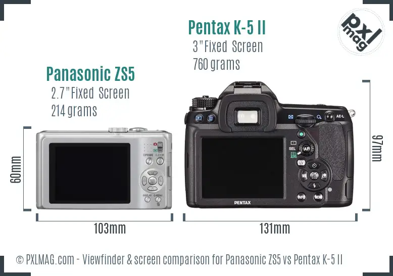 Panasonic ZS5 vs Pentax K-5 II Screen and Viewfinder comparison