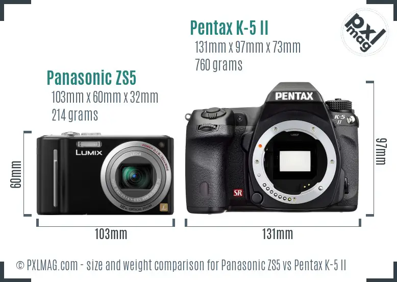 Panasonic ZS5 vs Pentax K-5 II size comparison
