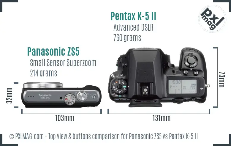 Panasonic ZS5 vs Pentax K-5 II top view buttons comparison