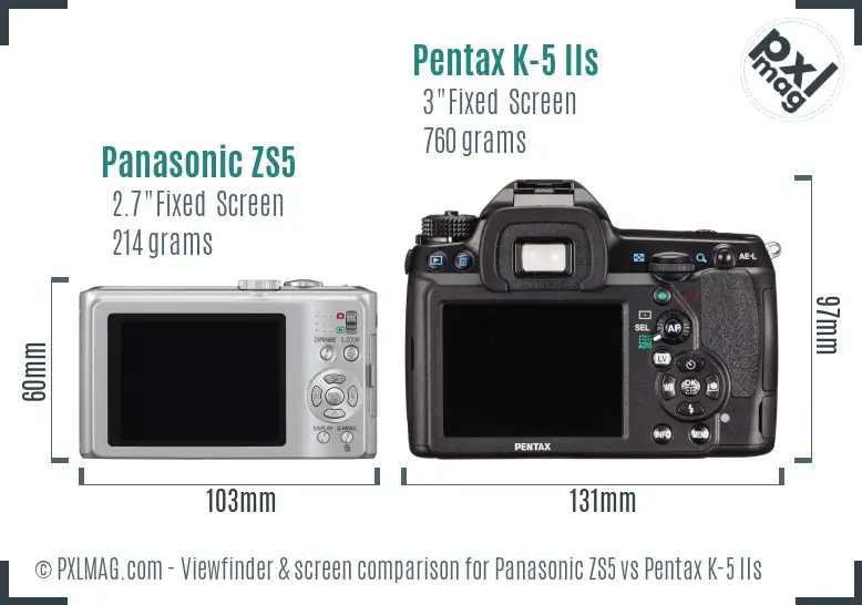 Panasonic ZS5 vs Pentax K-5 IIs Screen and Viewfinder comparison