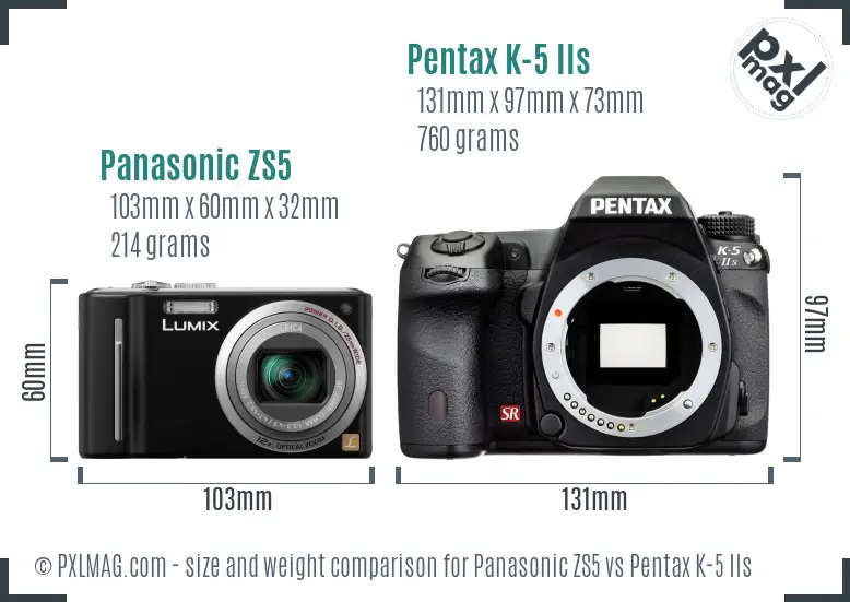 Panasonic ZS5 vs Pentax K-5 IIs size comparison