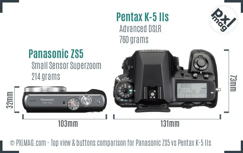 Panasonic ZS5 vs Pentax K-5 IIs top view buttons comparison