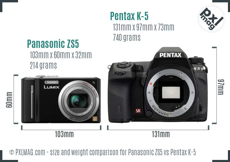 Panasonic ZS5 vs Pentax K-5 size comparison