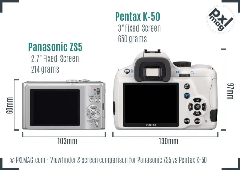 Panasonic ZS5 vs Pentax K-50 Screen and Viewfinder comparison