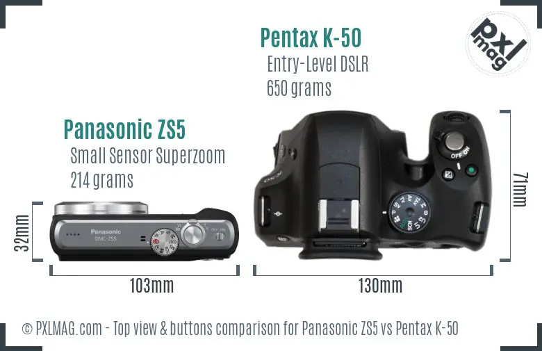 Panasonic ZS5 vs Pentax K-50 top view buttons comparison