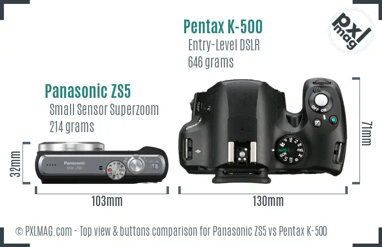 Panasonic ZS5 vs Pentax K-500 top view buttons comparison
