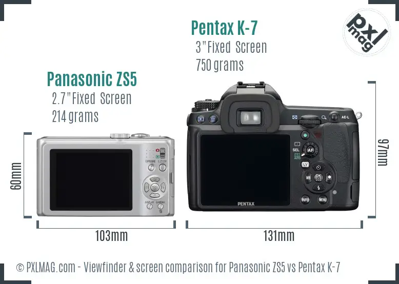 Panasonic ZS5 vs Pentax K-7 Screen and Viewfinder comparison