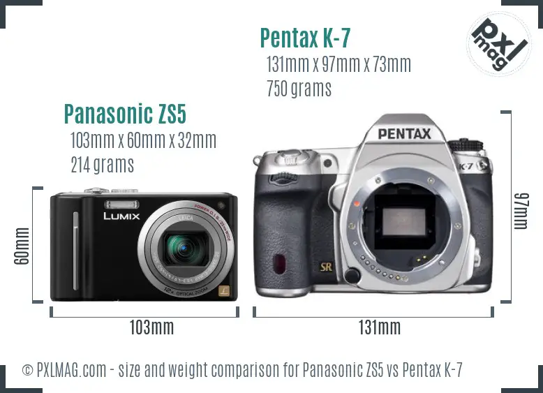 Panasonic ZS5 vs Pentax K-7 size comparison