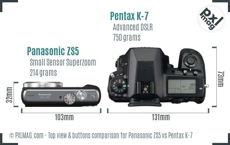 Panasonic ZS5 vs Pentax K-7 top view buttons comparison