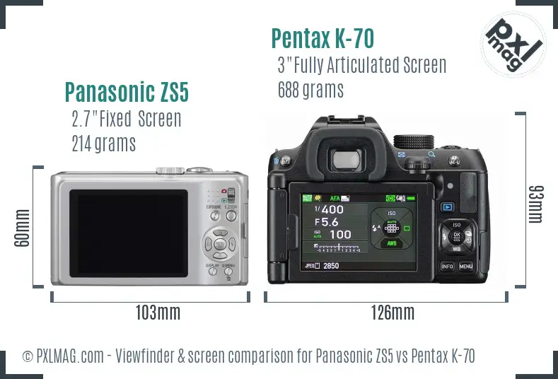 Panasonic ZS5 vs Pentax K-70 Screen and Viewfinder comparison