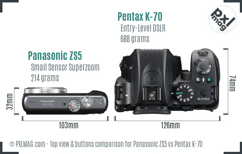 Panasonic ZS5 vs Pentax K-70 top view buttons comparison