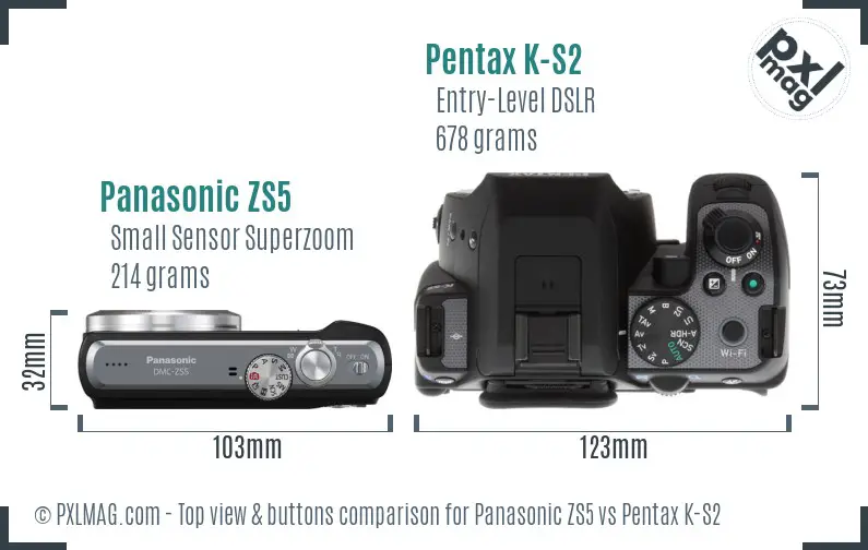 Panasonic ZS5 vs Pentax K-S2 top view buttons comparison