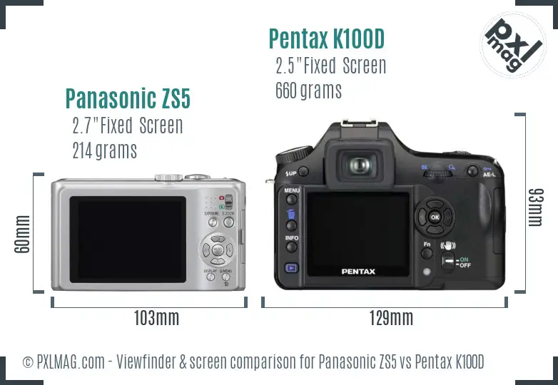 Panasonic ZS5 vs Pentax K100D Screen and Viewfinder comparison
