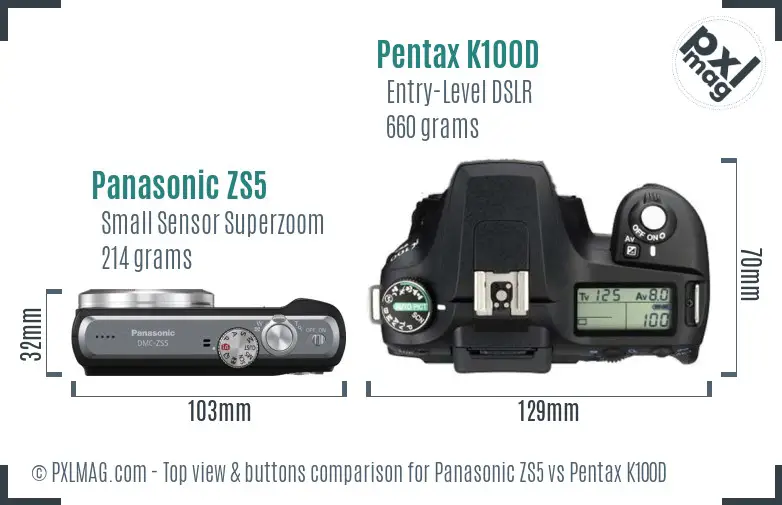 Panasonic ZS5 vs Pentax K100D top view buttons comparison