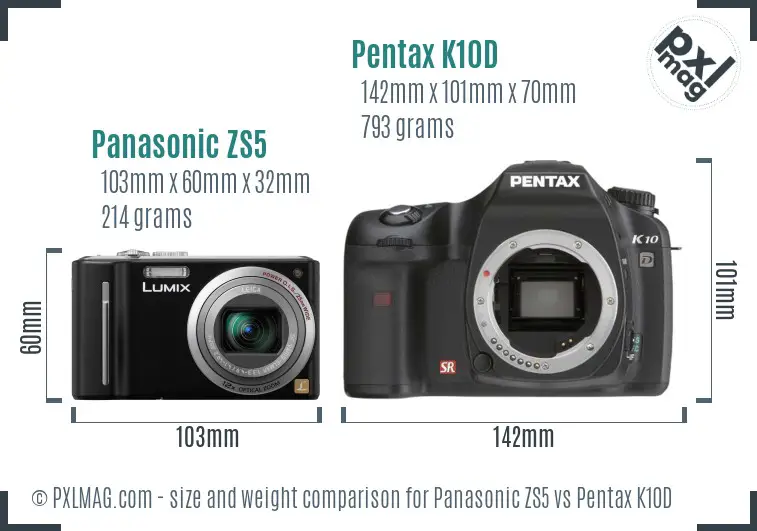 Panasonic ZS5 vs Pentax K10D size comparison
