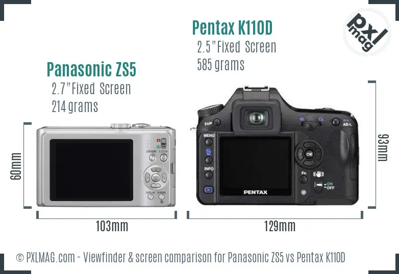 Panasonic ZS5 vs Pentax K110D Screen and Viewfinder comparison