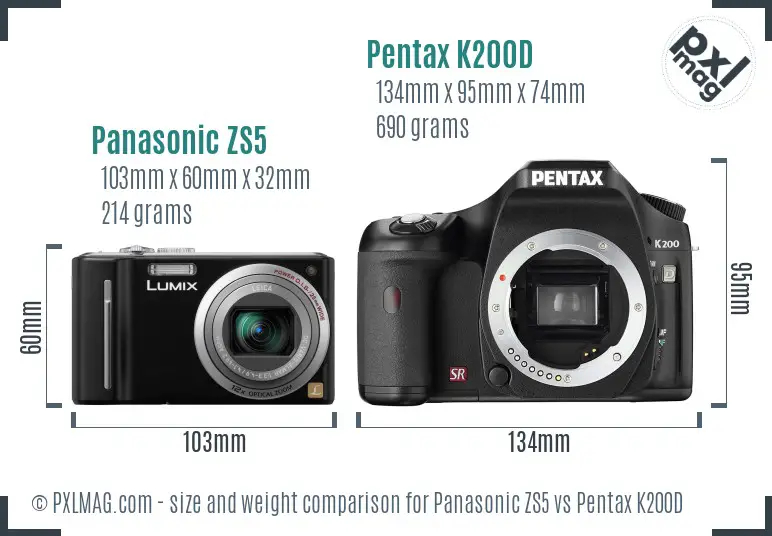 Panasonic ZS5 vs Pentax K200D size comparison