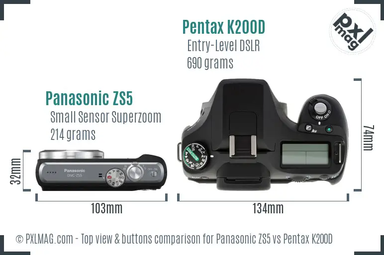 Panasonic ZS5 vs Pentax K200D top view buttons comparison