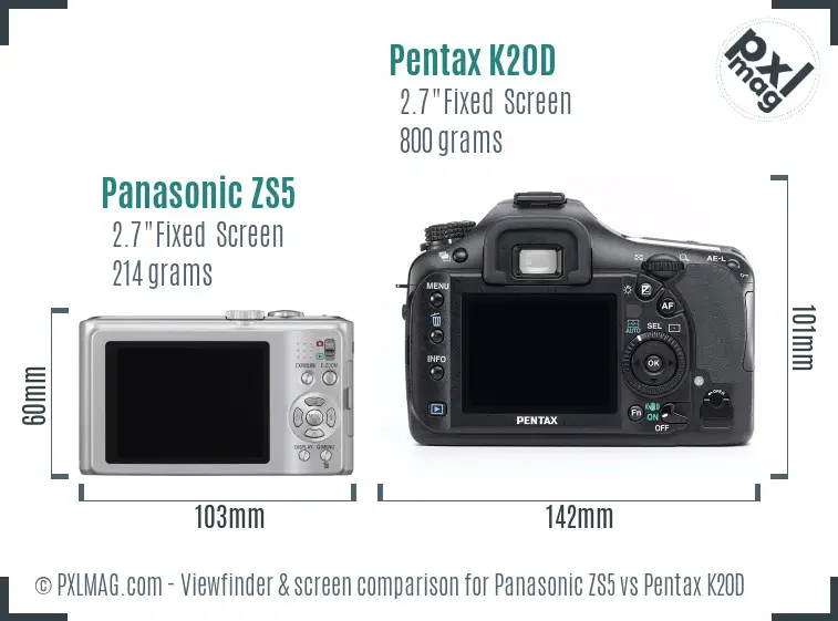 Panasonic ZS5 vs Pentax K20D Screen and Viewfinder comparison