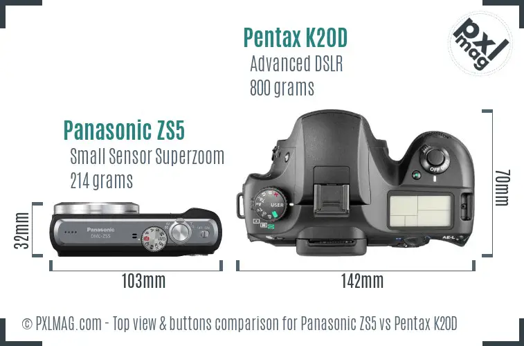 Panasonic ZS5 vs Pentax K20D top view buttons comparison