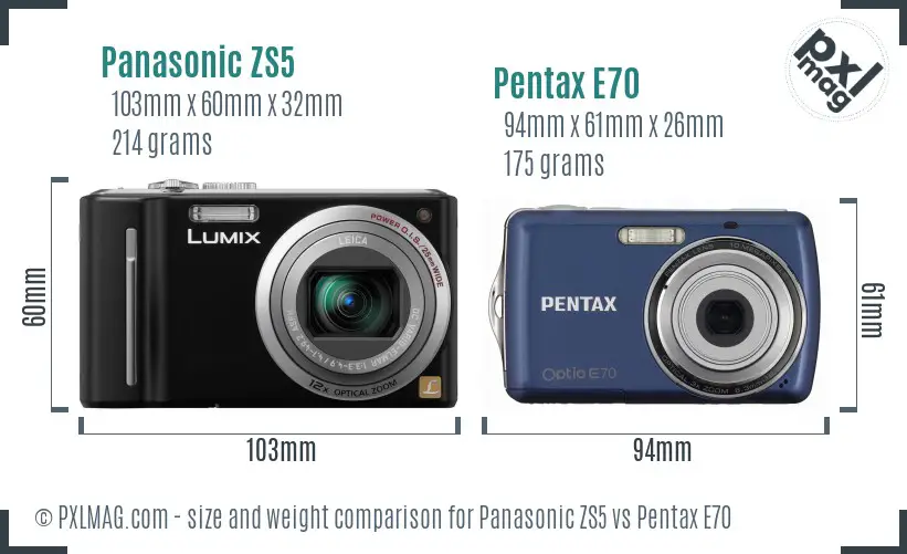 Panasonic ZS5 vs Pentax E70 size comparison