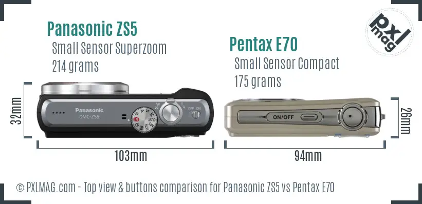 Panasonic ZS5 vs Pentax E70 top view buttons comparison