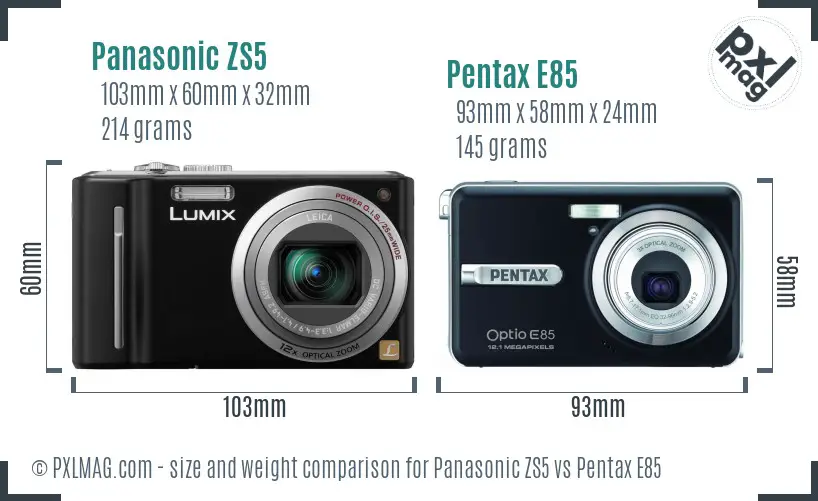 Panasonic ZS5 vs Pentax E85 size comparison
