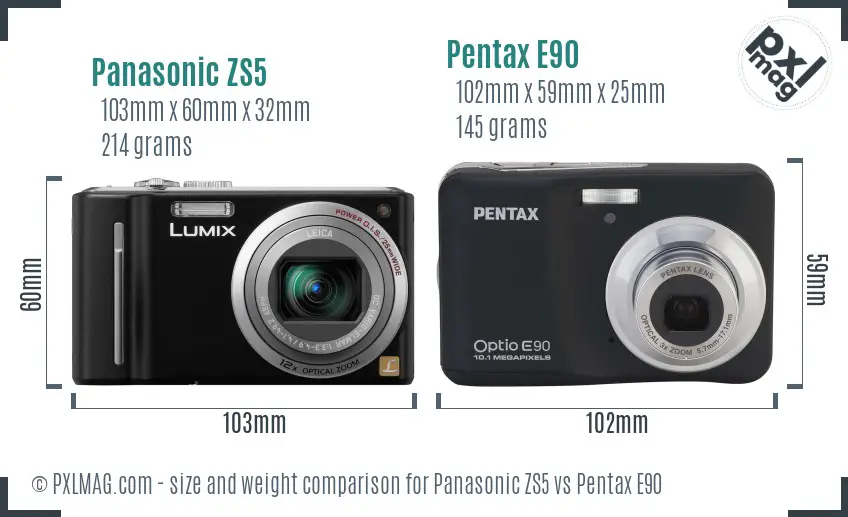 Panasonic ZS5 vs Pentax E90 size comparison