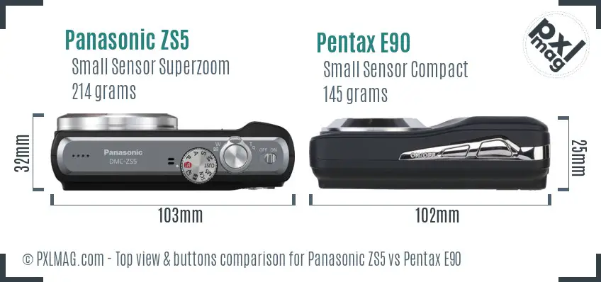 Panasonic ZS5 vs Pentax E90 top view buttons comparison