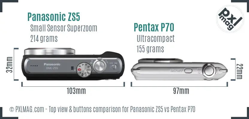 Panasonic ZS5 vs Pentax P70 top view buttons comparison