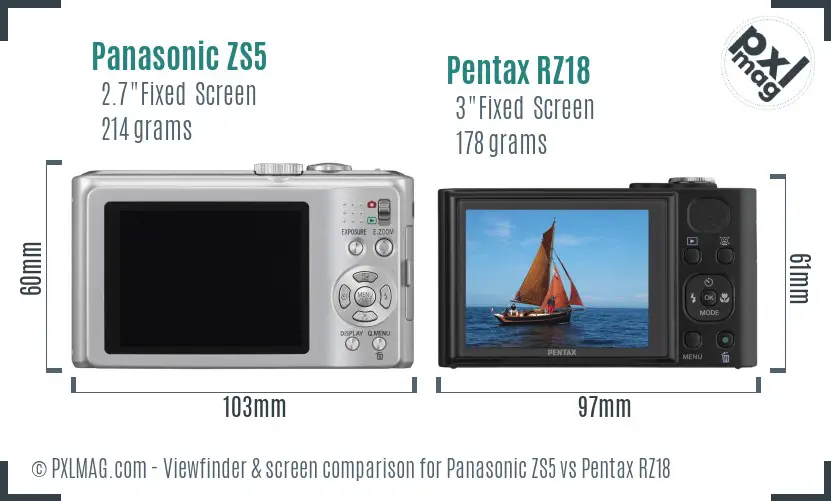Panasonic ZS5 vs Pentax RZ18 Screen and Viewfinder comparison