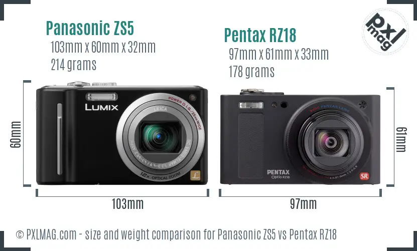 Panasonic ZS5 vs Pentax RZ18 size comparison