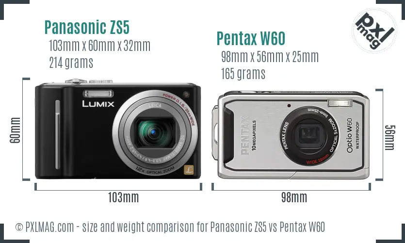 Panasonic ZS5 vs Pentax W60 size comparison
