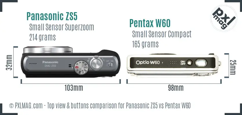 Panasonic ZS5 vs Pentax W60 top view buttons comparison