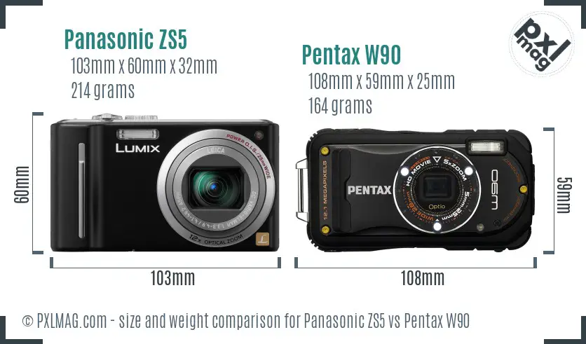 Panasonic ZS5 vs Pentax W90 size comparison