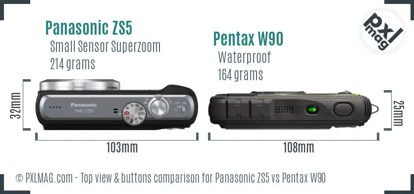 Panasonic ZS5 vs Pentax W90 top view buttons comparison