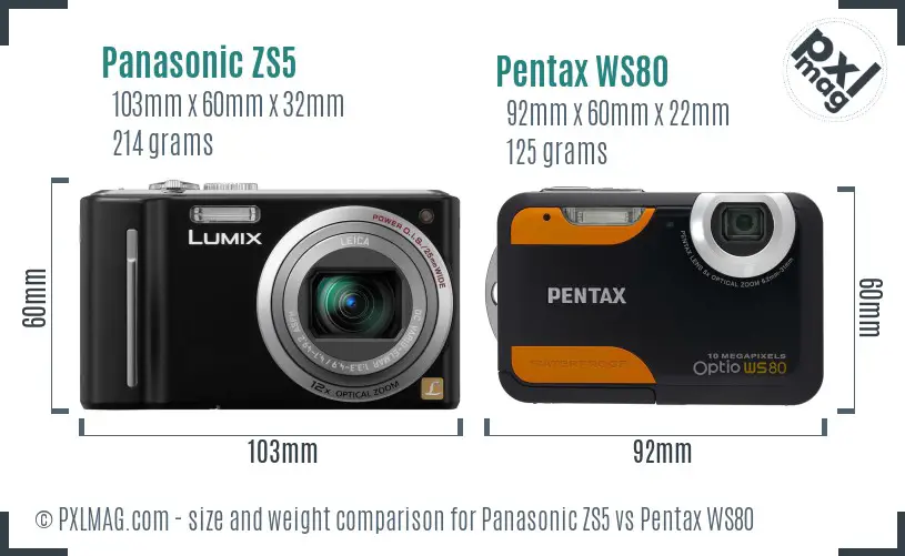 Panasonic ZS5 vs Pentax WS80 size comparison