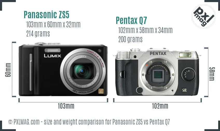 Panasonic ZS5 vs Pentax Q7 size comparison