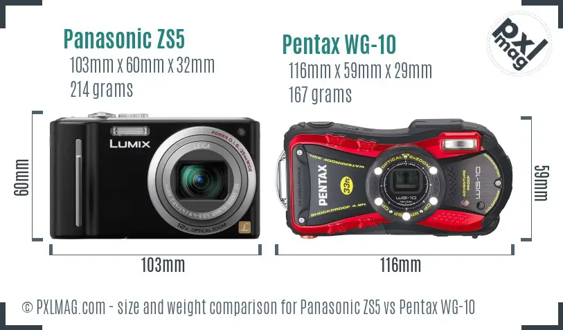 Panasonic ZS5 vs Pentax WG-10 size comparison