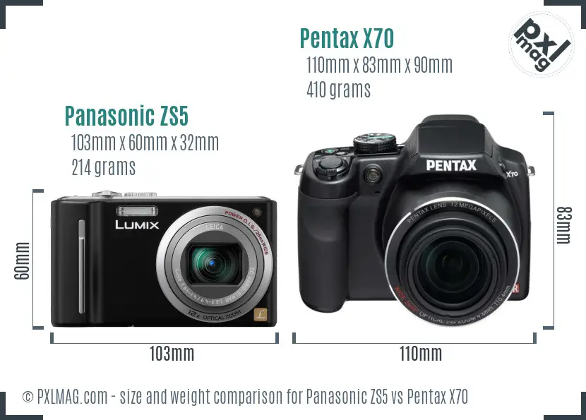 Panasonic ZS5 vs Pentax X70 size comparison