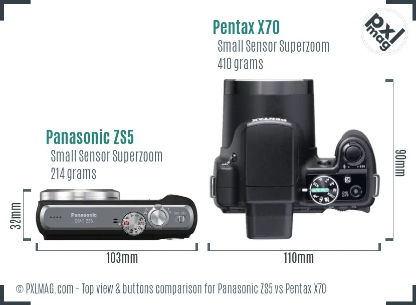 Panasonic ZS5 vs Pentax X70 top view buttons comparison