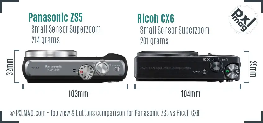 Panasonic ZS5 vs Ricoh CX6 top view buttons comparison Panasonic ZS5 vs Ricoh CX6 top view buttons comparison