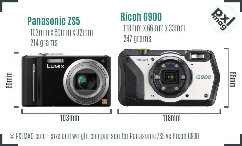 Panasonic ZS5 vs Ricoh G900 size comparison
