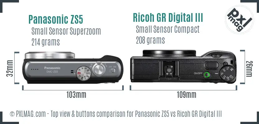 Panasonic ZS5 vs Ricoh GR Digital III top view buttons comparison