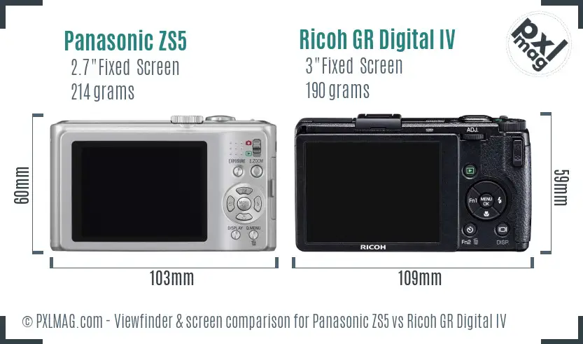 Panasonic ZS5 vs Ricoh GR Digital IV Screen and Viewfinder comparison