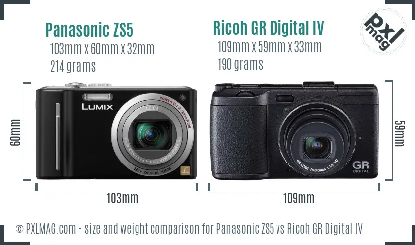 Panasonic ZS5 vs Ricoh GR Digital IV size comparison