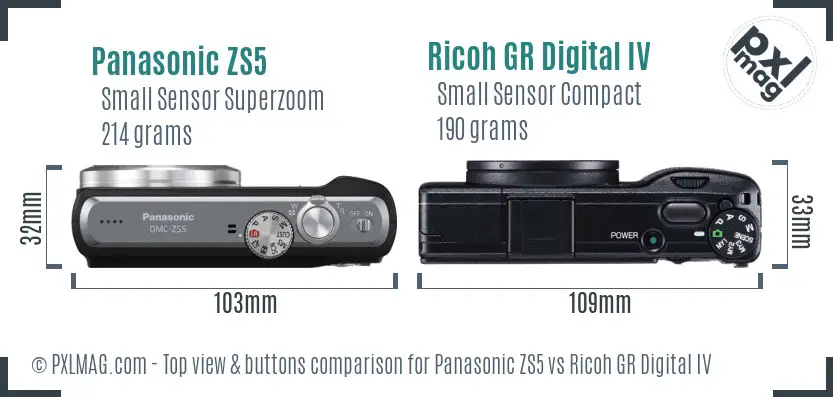 Panasonic ZS5 vs Ricoh GR Digital IV top view buttons comparison