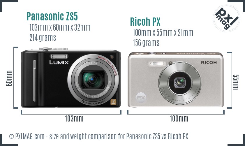 Panasonic ZS5 vs Ricoh PX size comparison